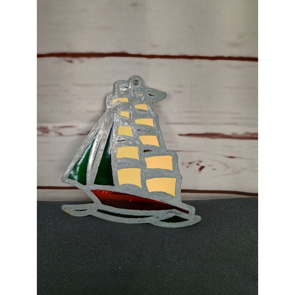 Vintage 70s 80s Nautical Stained Glass Sailboat Ornament With Multicolor Design